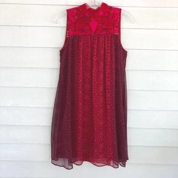 Anthropologie Niki Mahajan Sleeveless Embroidered Red Pink Lace High Neck Dress - Picture 3 of 7